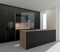 Modern kitchen, central island, white tiled floor, black cabinets, central sink, stainless steel appliances, large windows