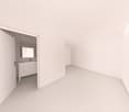 Empty room, white walls, white floor, open door, white cabinet, sink, mirror