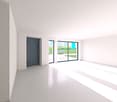 corridor, glass sliding door, white tile floor, open space