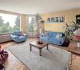 living room with wooden floor, large windows, blue couches, wooden table, carpet, plants, white curtains, white radiator, table with flower vase, picture frames, clock