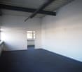Empty room with white walls, blue carpet, windows, beams on ceiling