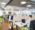 Spacious office with glass partitions, desk, laptop, cell phone, jacket on chair, plant.
