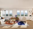 Spacious living room with large windows offering a scenic mountain view, grey sectional sofa, round wooden coffee table, patterned area rug, potted plant, and artwork on the wall