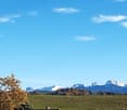 hill, tree, mountain range, field, snow-covered mountains, power lines
