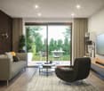 L-shaped sofa, armchair, coffee table, armchair, TV, fireplace, sliding glass door, balcony, wooden floor