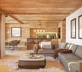 wooden interior, two large sofas with pillows, low table, two armchairs, lamp hanging from ceiling, coffee table, two framed pictures on wall, two stools in kitchen, counter with appliances