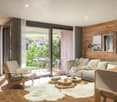 wooden floor, wooden sofa, glass sliding doors, terrace, balcony, plants, wooden coffee tables, wooden chairs, wooden dining table, white carpet