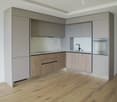 modern kitchen with wooden cabinets, marble countertop, stainless steel sink, dishwasher, oven