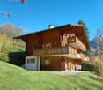 2-story wooden chalet-style house with a balcony, surrounded by trees and a grassy lawn in a mountainous setting