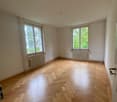 empty room, wooden parquet floor, white walls, two large windows, radiators