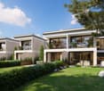 two-story house, beige exterior, large glass windows, glass balcony, garden, patio with sofa and chairs