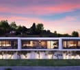 Modern white house, 3 floors, large windows, balconies, swimming pool, garden, view of the sunset