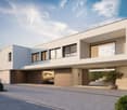 modern house, white exterior, brown garage doors, car parked in garage, large windows, brick wall, tree in front