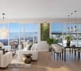 modern design, large windows, balcony, white furniture, wooden floor, dining table, kitchen island, plants