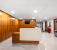 modern office with wooden walls, white ceiling, white tiles, reception desk, gray couch, potted plants
