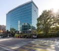 modern high rise building, glass facade, 2 entrances, parking lot, people walking, trees, street lights, zebra crossing