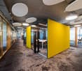 Open office layout with concrete ceiling, yellow accent walls, glass partitions, and carpeted flooring