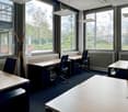 Large open office space with floor-to-ceiling windows providing a view of the outdoor greenery. The room has multiple desks and chairs, as well as a hanging light fixture. The floor is covered in a dark blue carpet.
