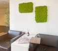 room with two brown leather couches and a table in between. The wall has two green artworks. A plant is visible through an open door.