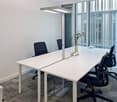 modern office room with white walls, white desks, black chairs, glass windows, flower vase, office lamp