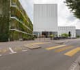 Modern building with green wall, large windows, bicycles parked in front, street with yellow markings