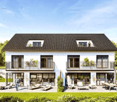 2 story house, white exterior, black roof, balconies, large windows, garden, patio, lounge chairs, table, car parked