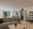 open plan living/dining area, gray sofa, table with plant, panoramic windows, balcony