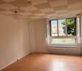 empty room, wooden floor, window with view, white walls, radiator, closed door, hanging light