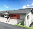 Two story house, two garages, red and white exterior, driveway, two cars parked