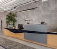 Modern and minimalist office space with a large reception desk, potted plants, and a hanging light fixture. The walls have a concrete-like finish and the Spaces logo is prominently displayed.