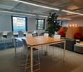 meeting room with rectangular conference table and white chairs, large windows, decorative plant, grey couch, red chairs, ottomans