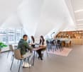 open floor plan, raised ground floor, white ceiling, three people working on laptops, bar counter, bar stools, carpet, shelving, and potted plant