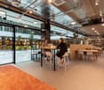 Large modern office with glass walls and open floor plan. Modern desk setups with barstools and tables, chairs around tables, large carpet, bookshelves, and plants.