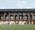 modern residential building, multi-story, wooden exterior, glass windows, balconies, green roof, spacious open area