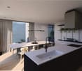 modern kitchen, large dining table, open layout, floor to ceiling windows, outdoor view