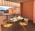 balcony, metal table with chairs, large panoramic windows, retractable sunshade, distant mountain view