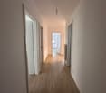 Empty hallway with white walls, wooden floor, 3 doors, ceiling lamp