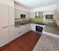 modern kitchen with white cabinetry, granite countertops, tiled flooring, integrated oven, stainless steel sink, faucet, green backsplash