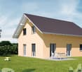 2 story house, brown roof, yellow walls, large windows, garage, large front lawn, garden furniture