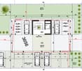 Multiple vehicle parking stalls, accessible parking space with curb cuts, a stable entrance, and designated garden and parking areas.