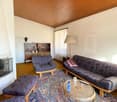 Living room with carpet, couch, armchair, coffee table, lamp, fireplace, wooden shelf, books, remote control, bottle