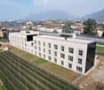 A large white building with many windows, surrounded by a fence, with a vineyard in front and a mountain in the background.