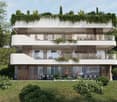 3-story modern apartment building with white walls, wooden balcony railings, and lush greenery surrounding it. The building has multiple balconies on each floor.