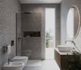 spacious bathroom, white walls, grey marble flooring, white modern fixtures, two sinks, shower, large mirror, towel rack, white and brown cabinet, potted plant