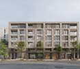5 story apartment building, grey concrete, multiple glass windows, ground floor with balconies, entrance on ground floor