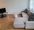 The image shows a living room with a TV stand, a glass coffee table, and a gray sectional sofa with patterned throw pillows. The room has hardwood floors and a large window with curtains.