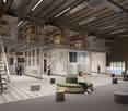 Interior with showroom, stairs, mezzanine, seating areas, flooring and lighting