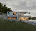 modern concrete house, glass windows, balcony, outdoor dining area, car parking