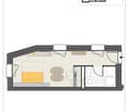 Floor plan showing a layout with living room, kitchen, dining area, bedroom, and bathroom.