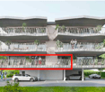 Multistory apartment building with balconies, underground parking.